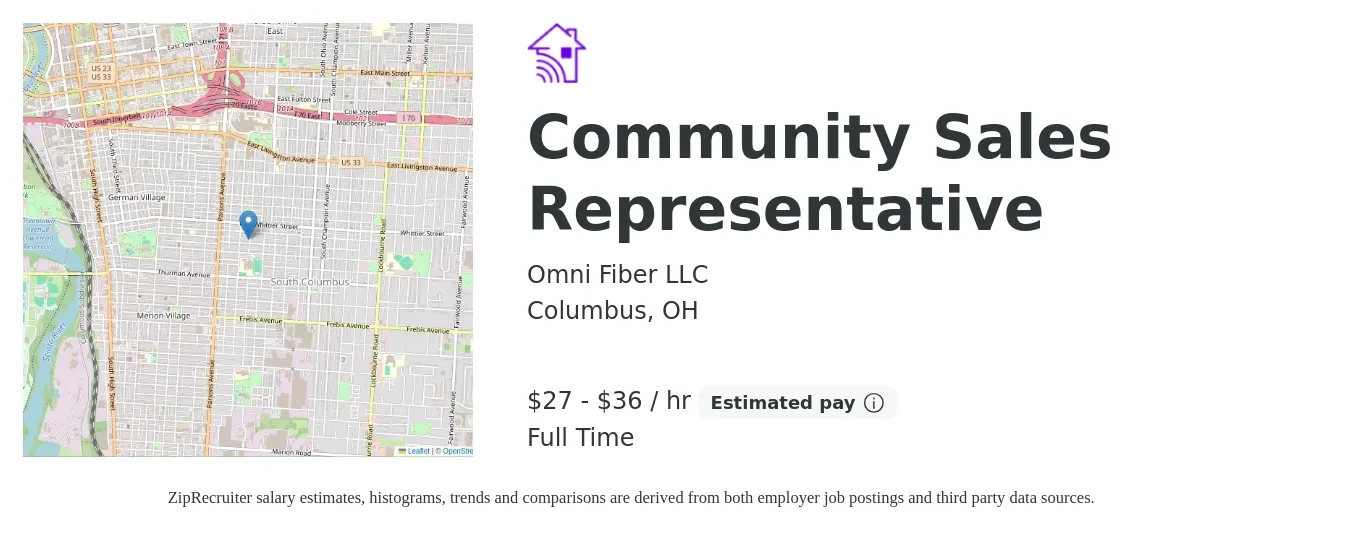 Omni Fiber LLC job posting for a Community Sales Representative in Columbus, OH with a salary of $60,000 to $80,000 Yearly with a map of Columbus location.