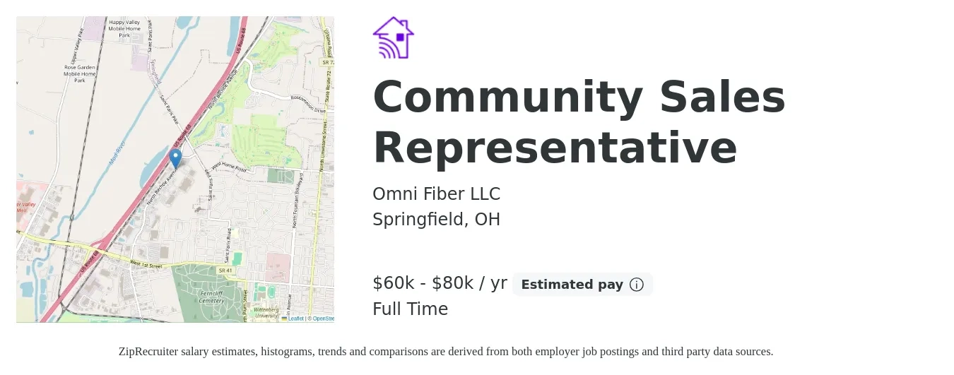 Omni Fiber LLC job posting for a Community Sales Representative in Springfield, OH with a salary of $60,000 to $80,000 Yearly with a map of Springfield location.