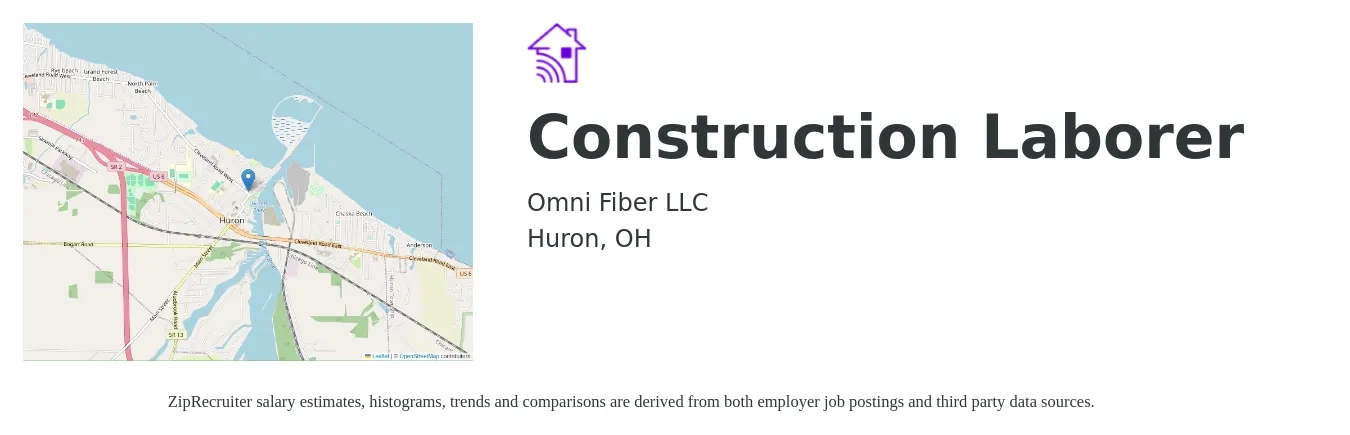 Omni Fiber LLC job posting for a Construction Laborer in Huron, OH with a salary of $16 to $20 Hourly with a map of Huron location.