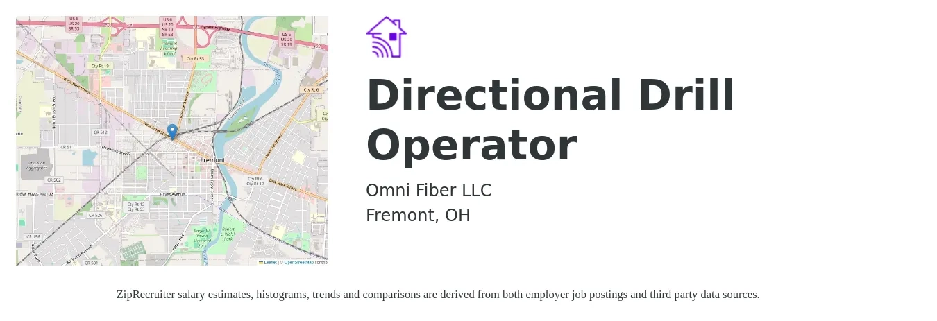 Omni Fiber LLC job posting for a Directional Drill Operator in Fremont, OH with a salary of $21 to $31 Hourly with a map of Fremont location.