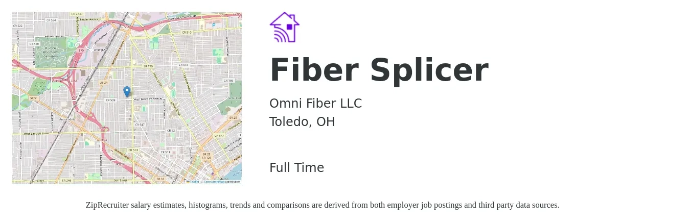 Omni Fiber LLC job posting for a Fiber Splicer in Toledo, OH with a salary of $24 to $29 Hourly with a map of Toledo location.