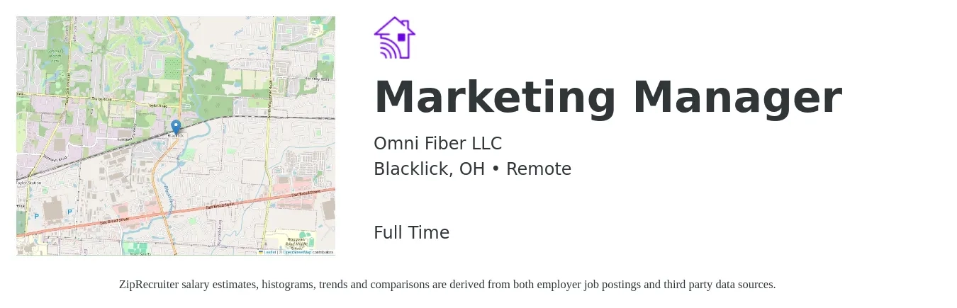 Omni Fiber LLC job posting for a Marketing Manager in Blacklick, OH with a salary of $58,000 to $94,700 Yearly with a map of Blacklick location.
