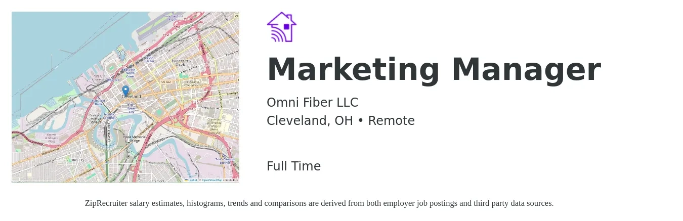 Omni Fiber LLC job posting for a Marketing Manager in Cleveland, OH with a salary of $58,100 to $94,900 Yearly with a map of Cleveland location.