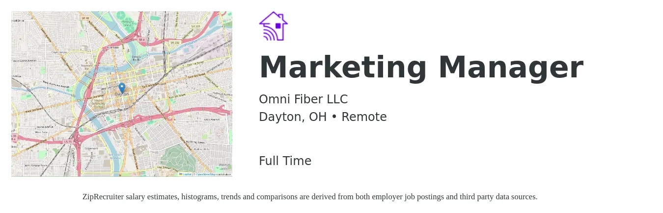 Omni Fiber LLC job posting for a Marketing Manager in Dayton, OH with a salary of $58,300 to $95,300 Yearly with a map of Dayton location.