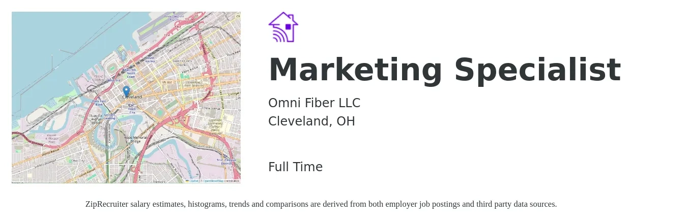 Omni Fiber LLC job posting for a Marketing Specialist in Cleveland, OH with a salary of $46,100 to $67,900 Yearly with a map of Cleveland location.