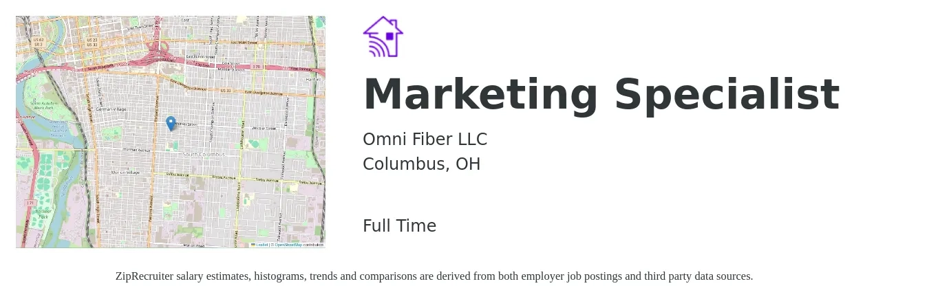 Omni Fiber LLC job posting for a Marketing Specialist in Columbus, OH with a salary of $45,900 to $67,600 Yearly with a map of Columbus location.