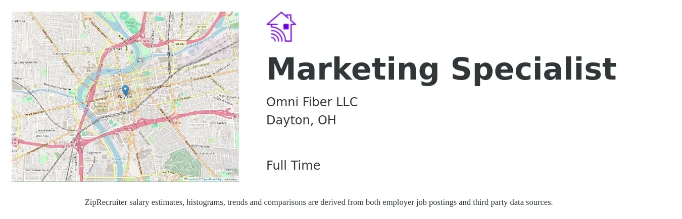 Omni Fiber LLC job posting for a Marketing Specialist in Dayton, OH with a salary of $46,200 to $68,000 Yearly with a map of Dayton location.