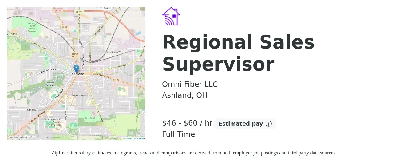 Omni Fiber LLC job posting for a Regional Sales Supervisor in Ashland, OH with a salary of $100,000 to $130,000 Yearly with a map of Ashland location.