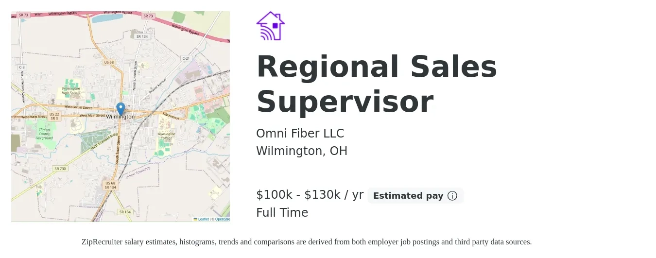 Omni Fiber LLC job posting for a Regional Sales Supervisor in Wilmington, OH with a salary of $100,000 to $130,000 Yearly with a map of Wilmington location.