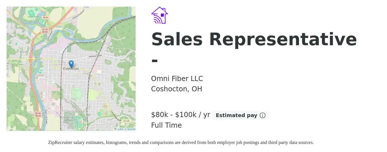 Omni Fiber LLC job posting for a Sales Representative - in Coshocton, OH with a salary of $80,000 to $100,000 Yearly with a map of Coshocton location.