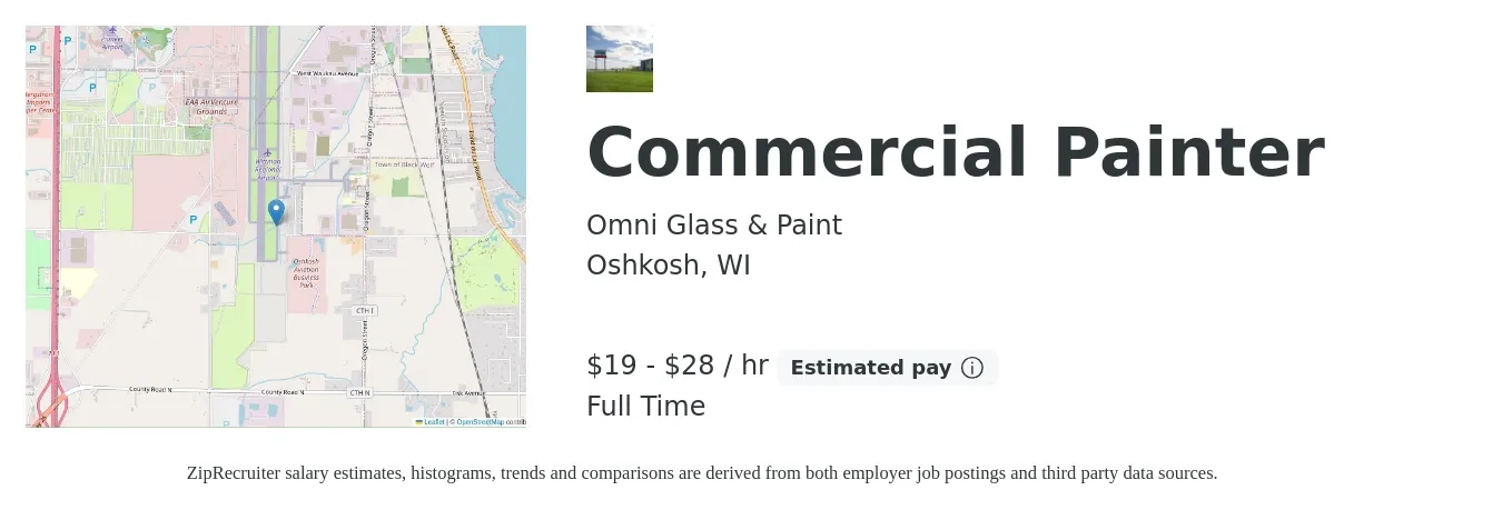 Omni Glass & Paint job posting for a Commercial Painter in Oshkosh, WI with a salary of $20 to $30 Hourly with a map of Oshkosh location.