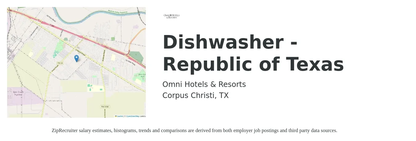 Omni Hotels & Resorts job posting for a Dishwasher - Republic of Texas in Corpus Christi, TX with a salary of $12 to $16 Hourly with a map of Corpus Christi location.