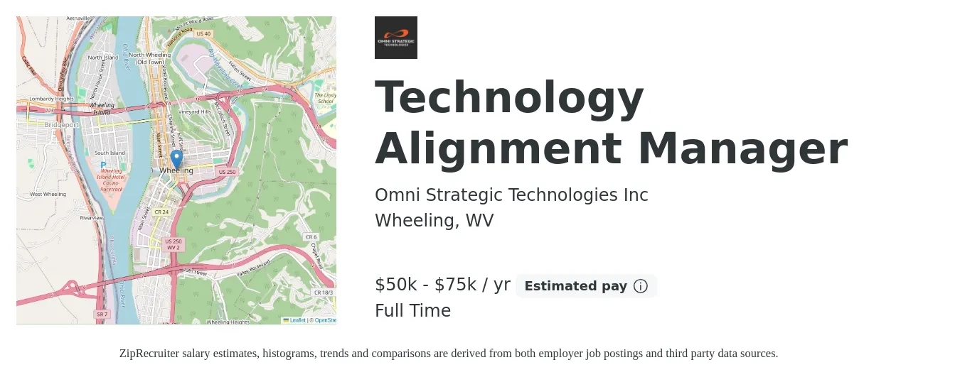 Omni Strategic Technologies Inc job posting for a Technology Alignment Manager in Wheeling, WV with a salary of $50,000 to $75,000 Yearly with a map of Wheeling location.