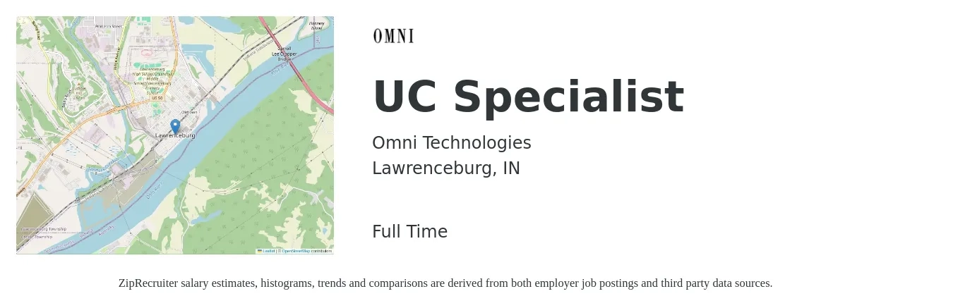 Omni Technologies job posting for a UC Specialist in Lawrenceburg, IN with a salary of $20 Hourly with a map of Lawrenceburg location.