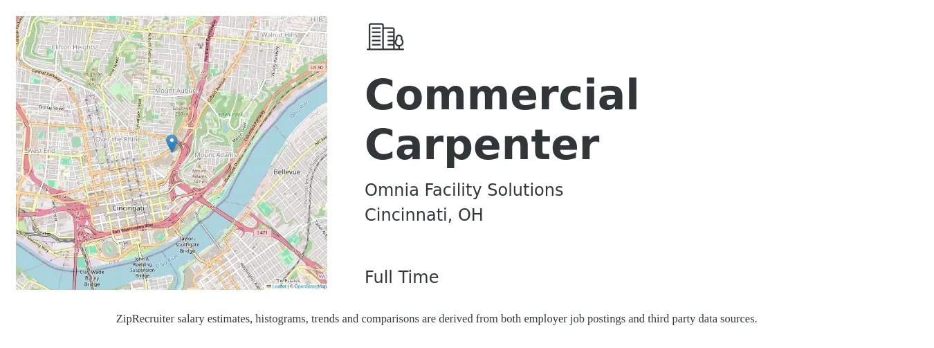 Omnia Facility Solutions job posting for a Commercial Carpenter in Cincinnati, OH with a salary of $22 to $27 Hourly with a map of Cincinnati location.