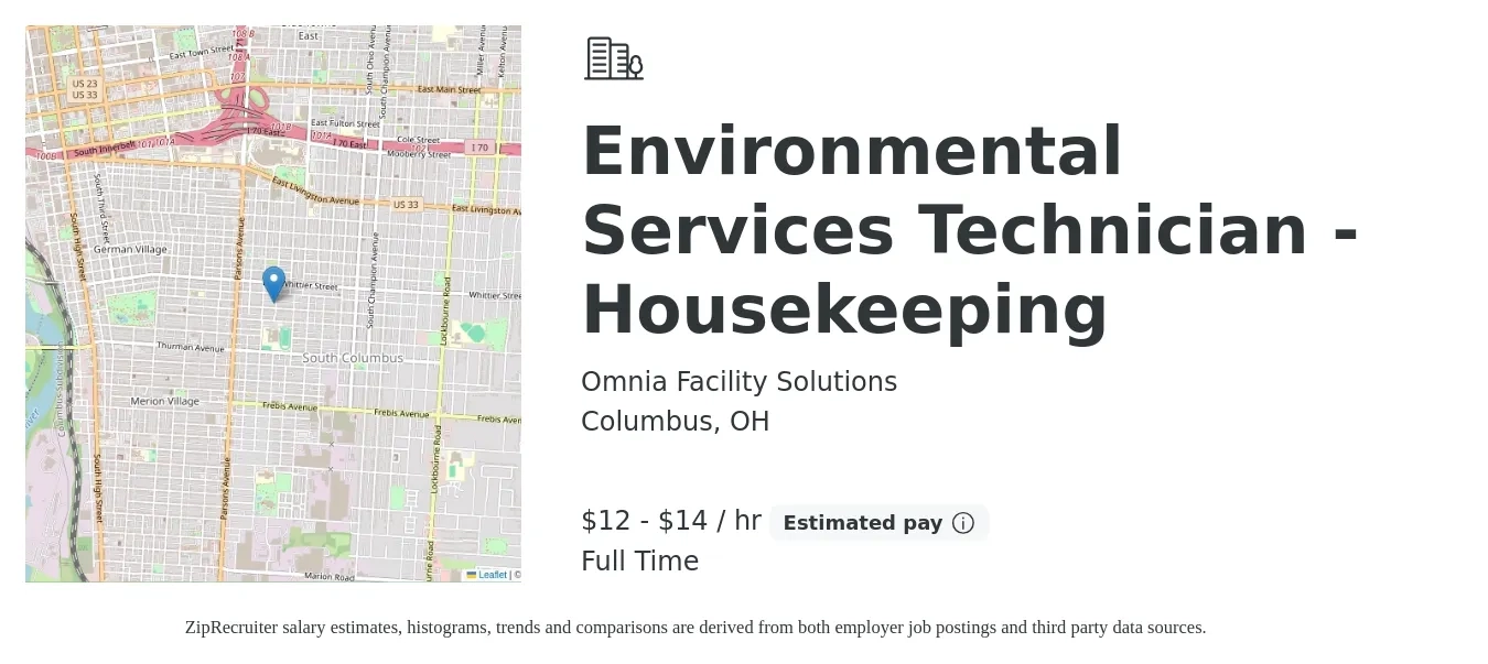 Omnia Facility Solutions job posting for a Environmental Services Technician - Housekeeping in Columbus, OH with a salary of $13 to $15 Hourly with a map of Columbus location.