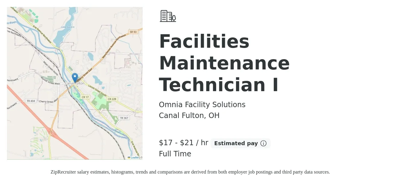 Omnia Facility Solutions job posting for a Facilities Maintenance Technician I in Canal Fulton, OH with a salary of $18 to $22 Hourly with a map of Canal Fulton location.