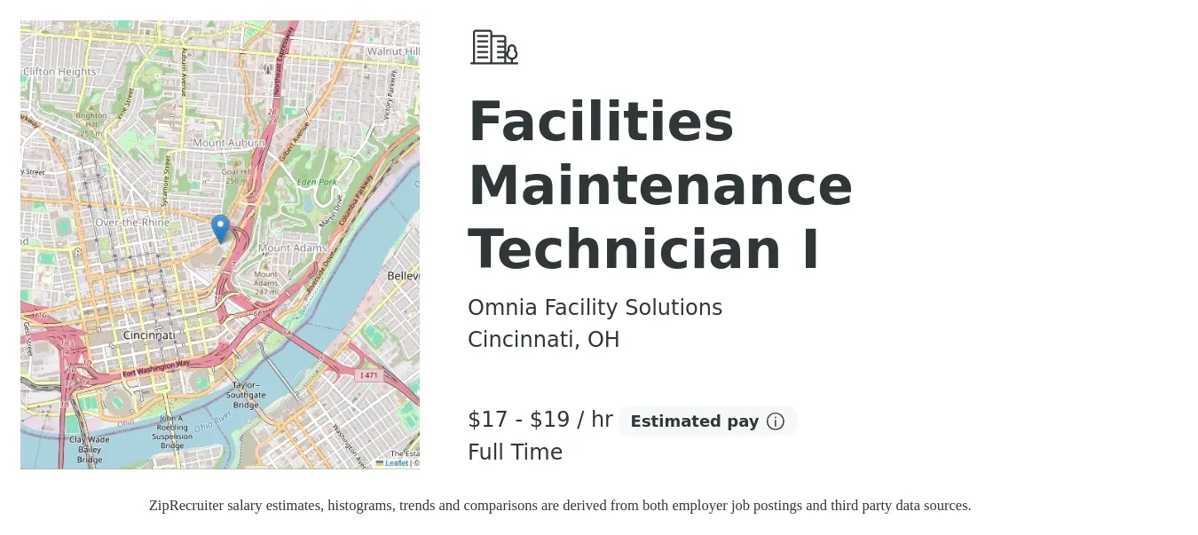 Omnia Facility Solutions job posting for a Facilities Maintenance Technician I in Cincinnati, OH with a salary of $18 to $20 Hourly with a map of Cincinnati location.