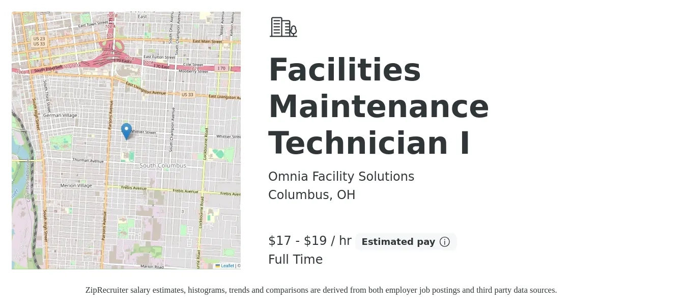 Omnia Facility Solutions job posting for a Facilities Maintenance Technician I in Columbus, OH with a salary of $18 to $20 Hourly with a map of Columbus location.