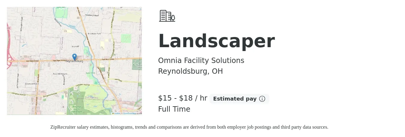 Omnia Facility Solutions job posting for a Landscaper in Reynoldsburg, OH with a salary of $16 to $19 Hourly with a map of Reynoldsburg location.