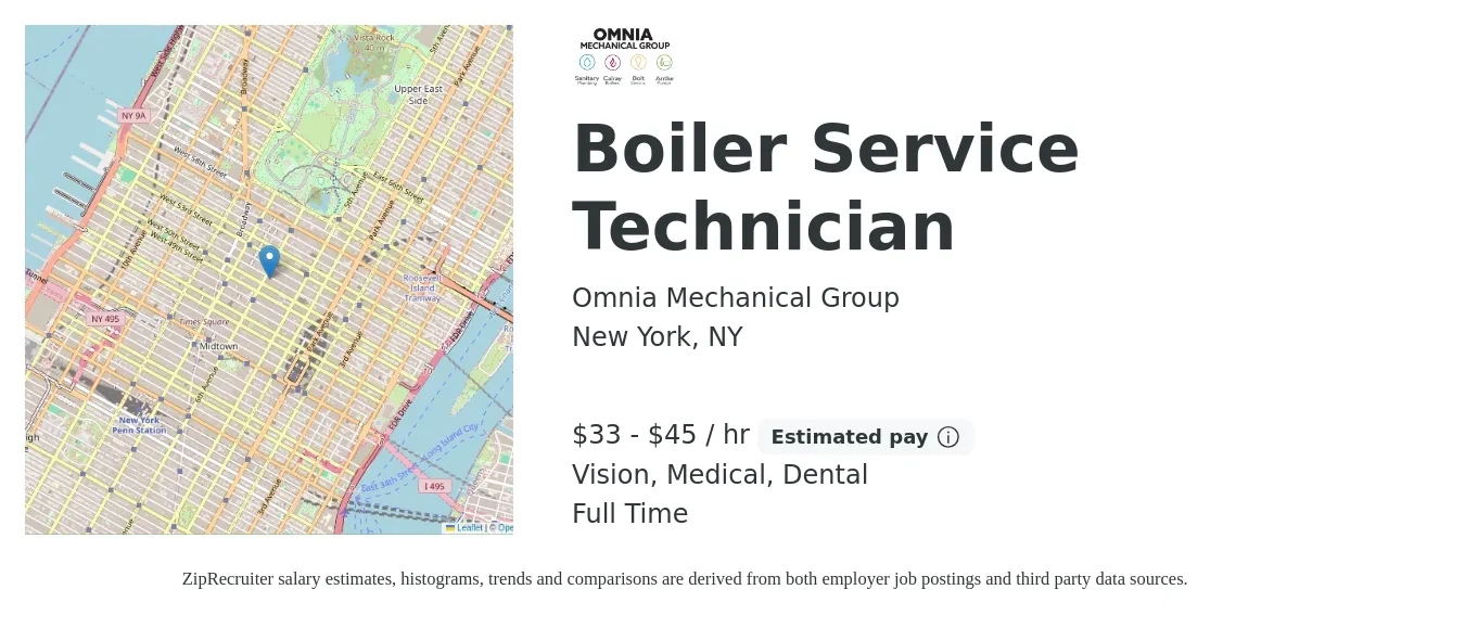 Omnia Mechanical Group job posting for a Boiler Service Technician in New York, NY with a salary of $35 to $45 Hourly and benefits including life_insurance, medical, retirement, vision, and dental with a map of New York location.