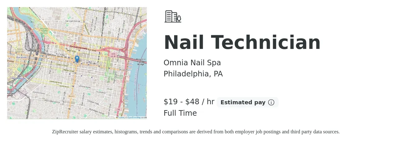 Omnia Nail Spa job posting for a Nail Technician in Philadelphia, PA with a salary of $20 to $50 Hourly with a map of Philadelphia location.
