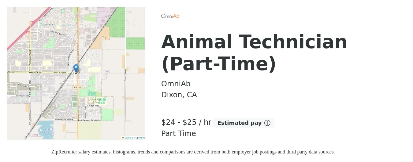 OmniAb job posting for a Animal Technician (Part-Time) in Dixon, CA with a salary of $25 to $27 Hourly with a map of Dixon location.