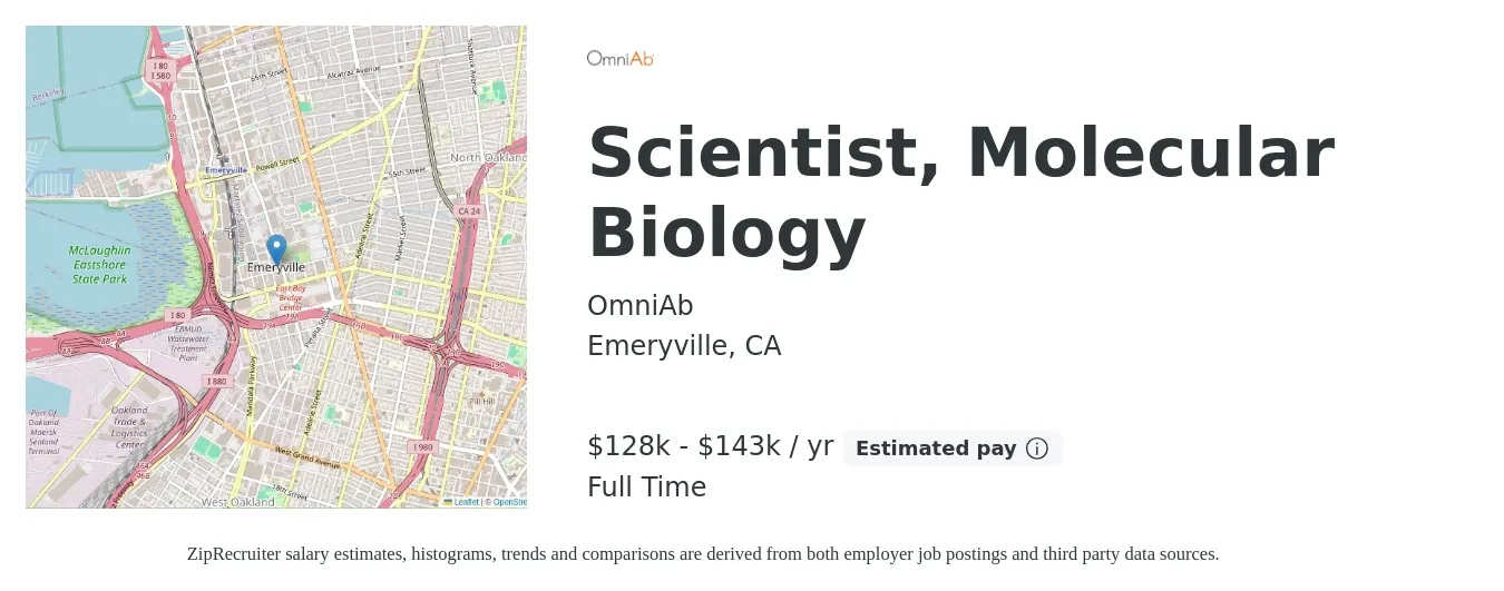 OmniAb job posting for a Scientist, Molecular Biology in Emeryville, CA with a salary of $128,500 to $143,000 Yearly with a map of Emeryville location.
