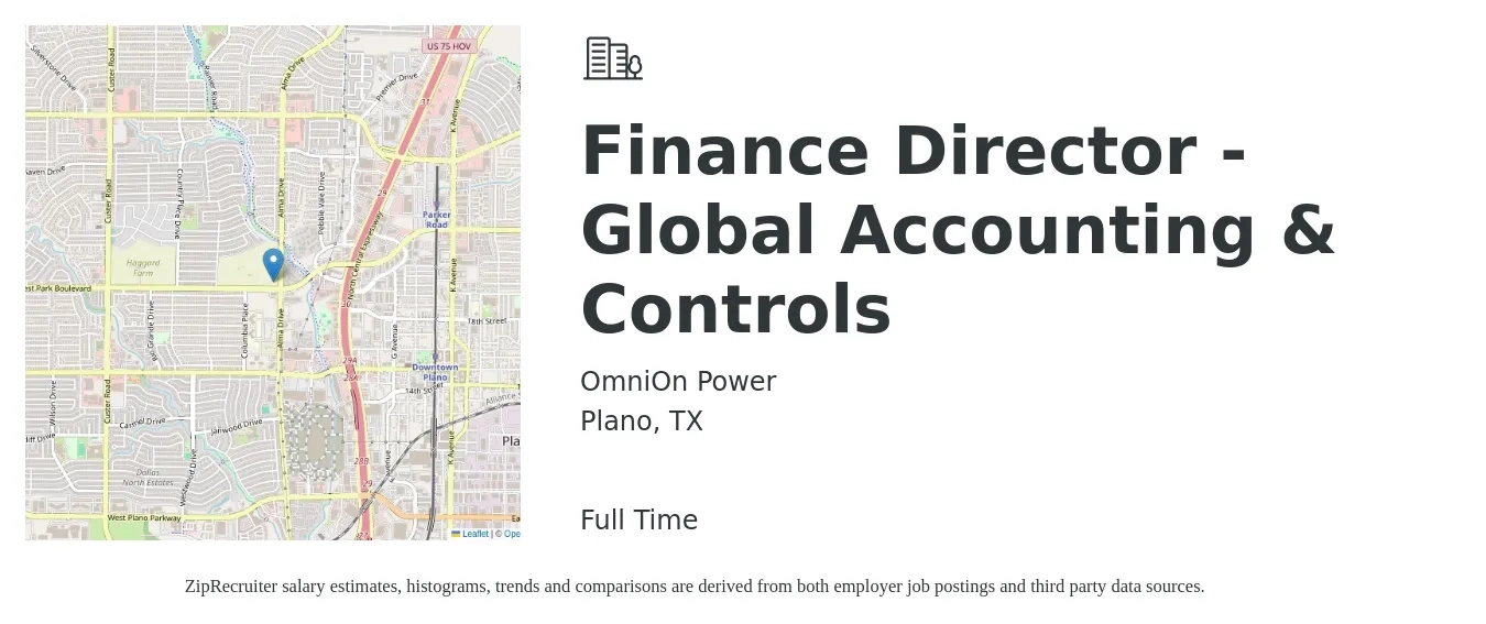 OmniOn Power job posting for a Finance Director - Global Accounting & Controls in Plano, TX with a salary of $96,200 to $146,400 Yearly with a map of Plano location.