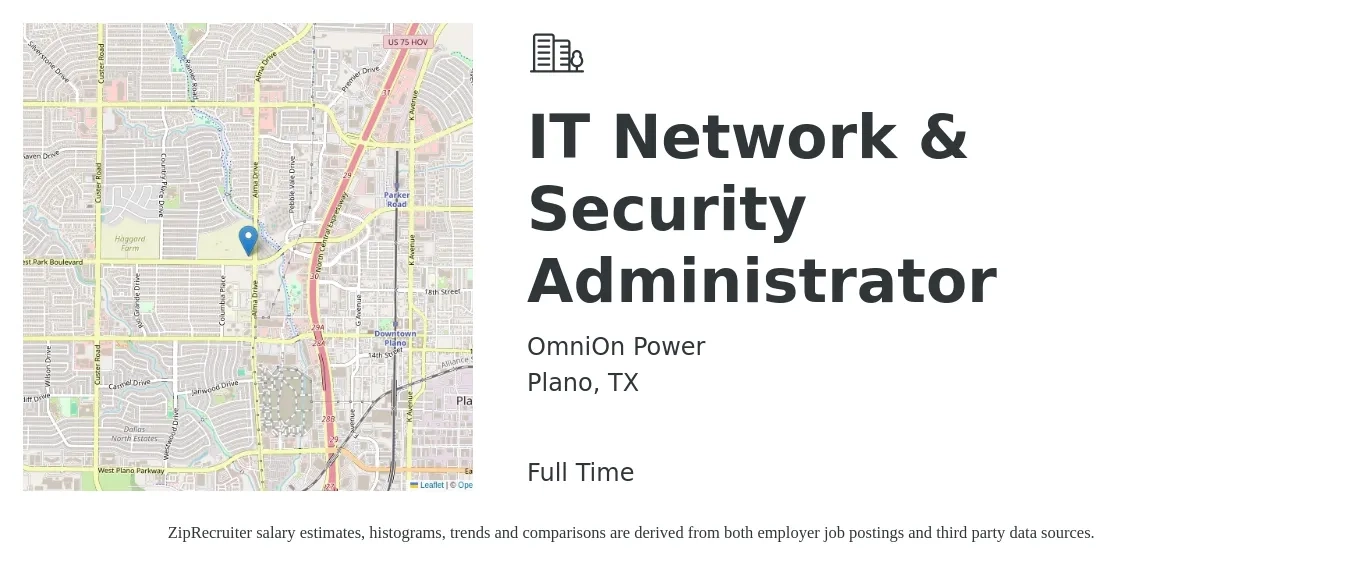 OmniOn Power job posting for a IT Network & Security Administrator in Plano, TX with a salary of $75,600 to $102,400 Yearly with a map of Plano location.