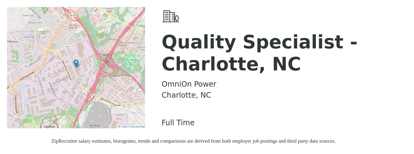 OmniOn Power job posting for a Quality Specialist - Charlotte, NC in Charlotte, NC with a salary of $27 to $41 Hourly with a map of Charlotte location.