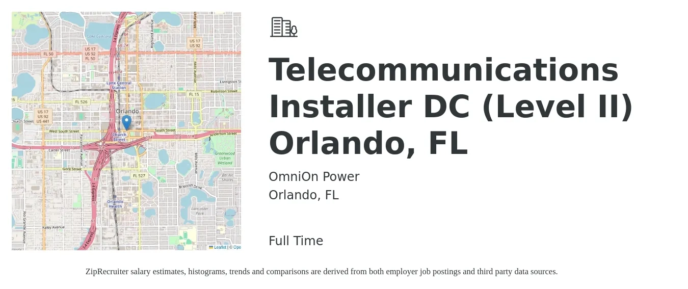 OmniOn Power job posting for a Telecommunications Installer DC (Level II) Orlando, FL in Orlando, FL with a salary of $19 to $28 Hourly with a map of Orlando location.