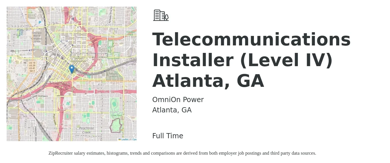 OmniOn Power job posting for a Telecommunications Installer (Level IV) Atlanta, GA in Atlanta, GA with a salary of $19 to $29 Hourly with a map of Atlanta location.