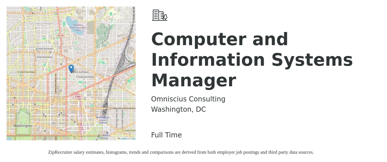 Omniscius Consulting job posting for a Computer and Information Systems Manager in Washington, DC with a salary of $107,200 to $131,500 Yearly with a map of Washington location.