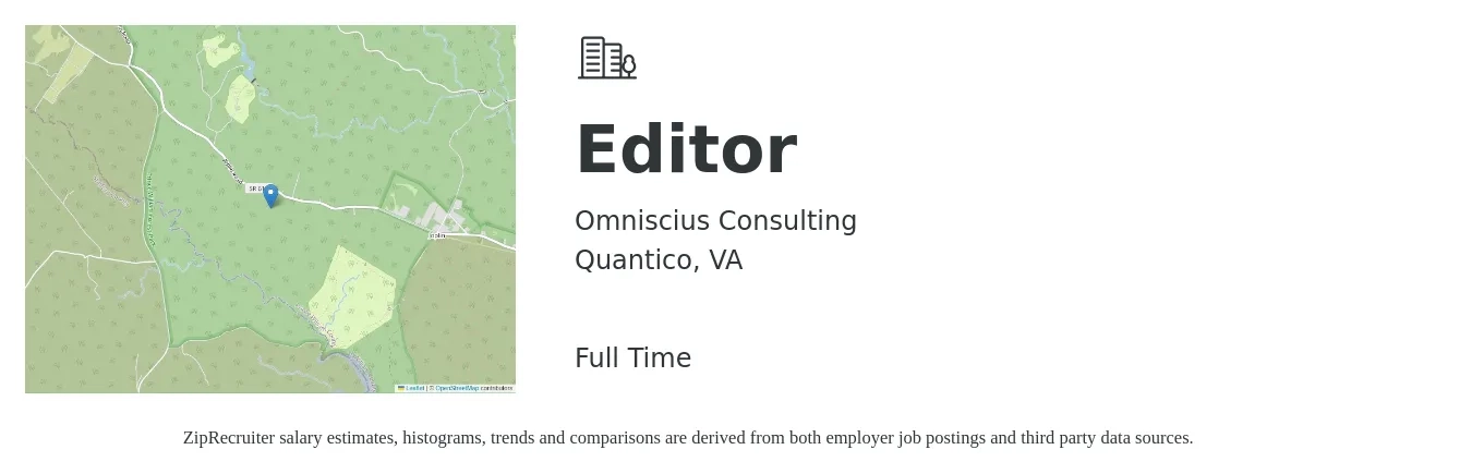 Omniscius Consulting job posting for a Editor in Quantico, VA with a salary of $53,000 to $76,800 Yearly with a map of Quantico location.