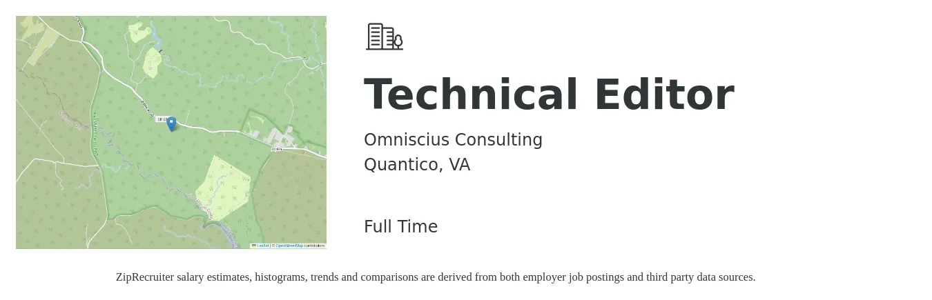Omniscius Consulting job posting for a Technical Editor in Quantico, VA with a salary of $57,700 to $90,000 Yearly with a map of Quantico location.