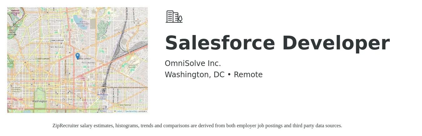 OmniSolve Inc. job posting for a Salesforce Developer in Washington, DC with a salary of $95,000 to $105,000 Yearly and benefits including life_insurance, medical, retirement, vision, and dental with a map of Washington location.