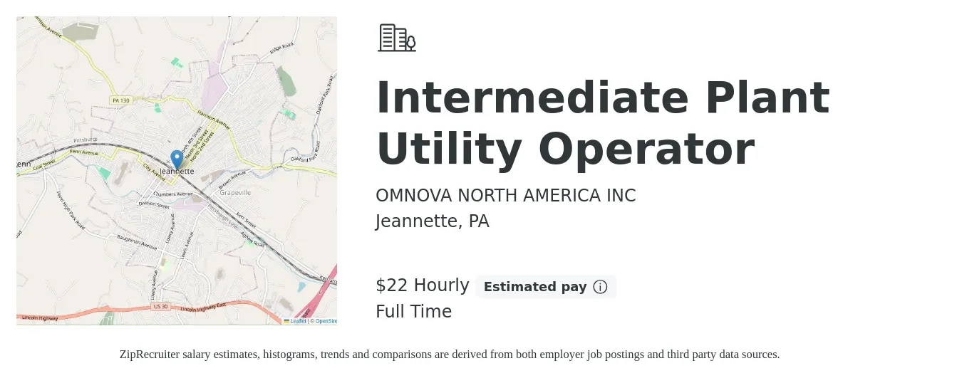 OMNOVA NORTH AMERICA INC job posting for a Intermediate Plant Utility Operator in Jeannette, PA with a salary of $23 Hourly with a map of Jeannette location.