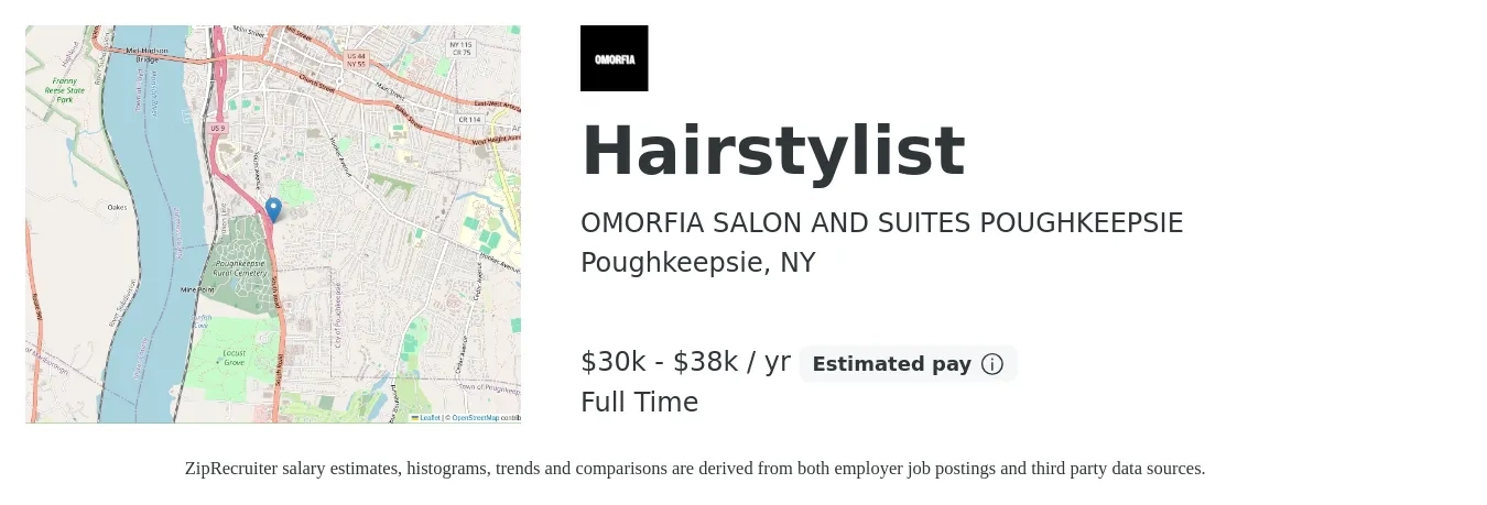 OMORFIA SALON AND SUITES POUGHKEEPSIE job posting for a Hairstylist in Poughkeepsie, NY with a salary of $30,720 to $38,400 Yearly with a map of Poughkeepsie location.