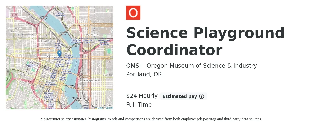 OMSI - Oregon Museum of Science & Industry job posting for a Science Playground Coordinator in Portland, OR with a map of Portland location.