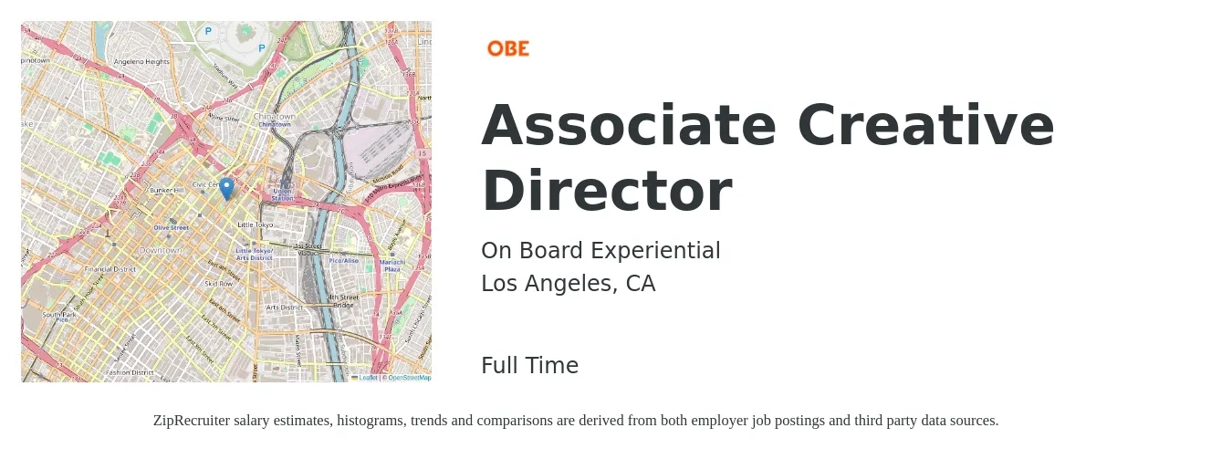 On Board Experiential job posting for a Associate Creative Director in Los Angeles, CA with a salary of $79,700 to $164,900 Yearly with a map of Los Angeles location.
