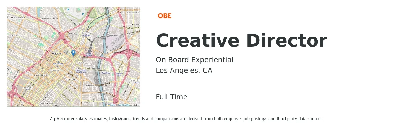 On Board Experiential job posting for a Creative Director in Los Angeles, CA with a salary of $107,200 to $163,800 Yearly with a map of Los Angeles location.