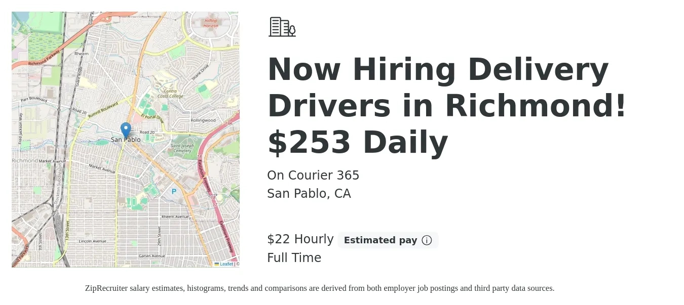 On Courier 365 job posting for a Now Hiring Delivery Drivers in Richmond! $253 Daily in San Pablo, CA with a salary of $23 Hourly with a map of San Pablo location.