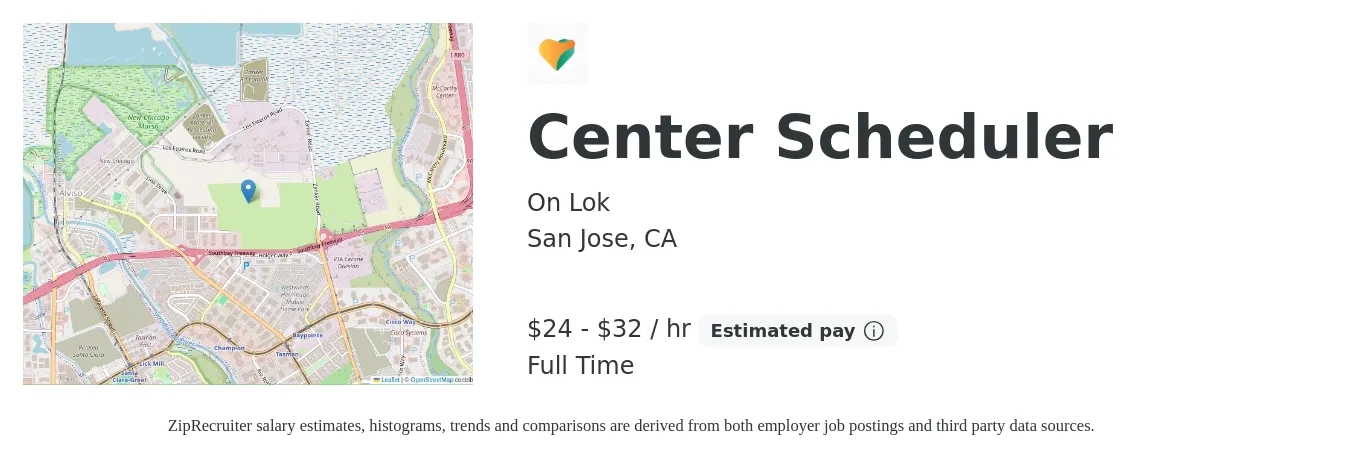 On Lok job posting for a Center Scheduler in San Jose, CA with a salary of $25 to $34 Hourly with a map of San Jose location.