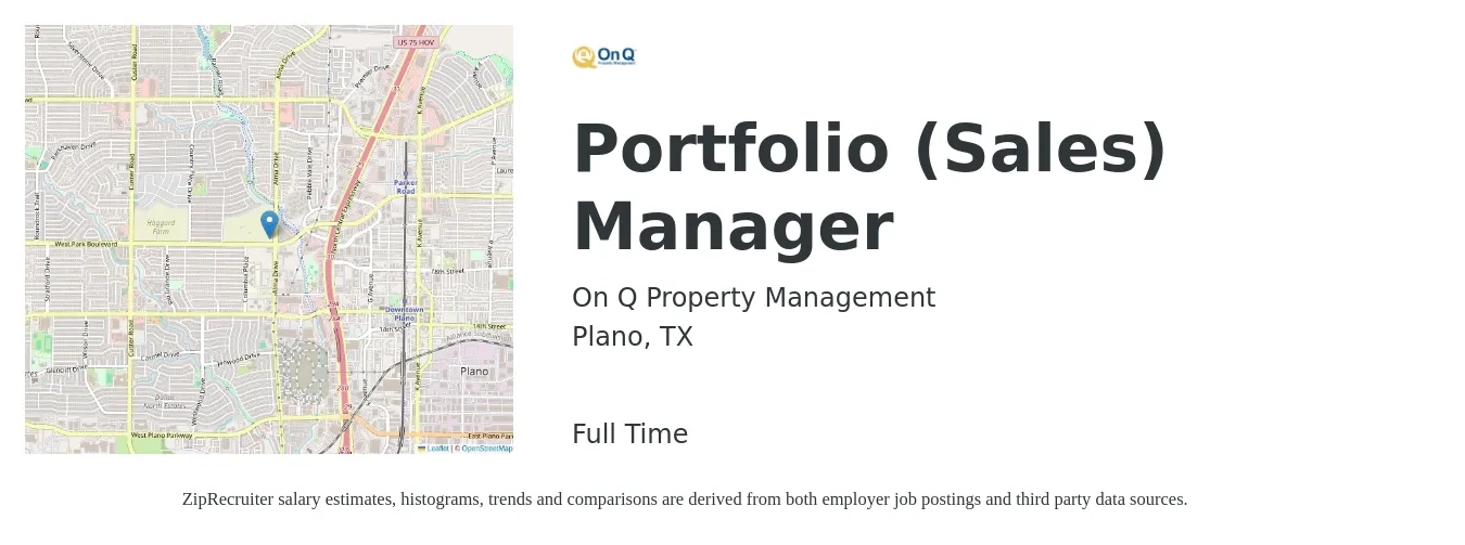 On Q Property Management job posting for a Portfolio (Sales) Manager in Plano, TX with a salary of $50,000 Yearly with a map of Plano location.