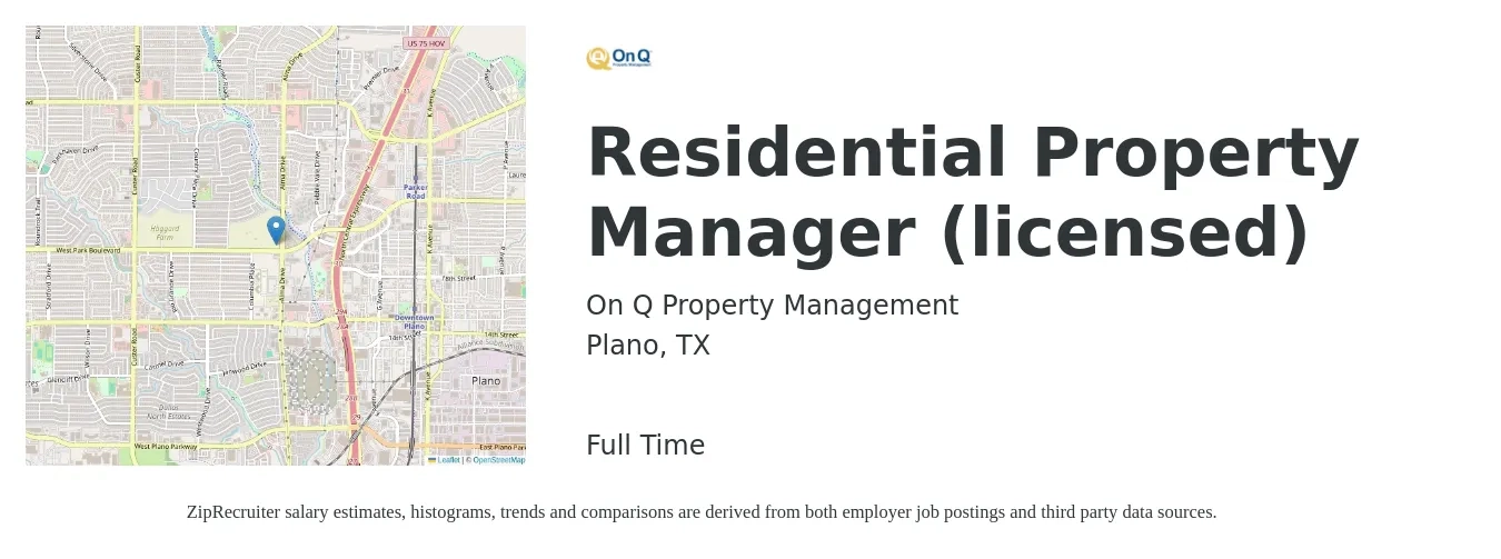 On Q Property Management job posting for a Residential Property Manager (licensed) in Plano, TX with a salary of $60,000 Yearly with a map of Plano location.