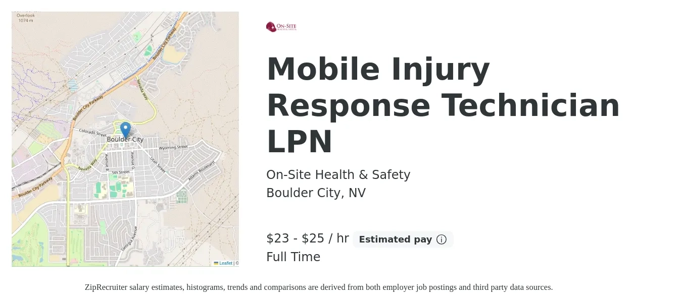 On-Site Health & Safety job posting for a Mobile Injury Response Technician LPN in Boulder City, NV with a salary of $24 to $26 Hourly with a map of Boulder City location.