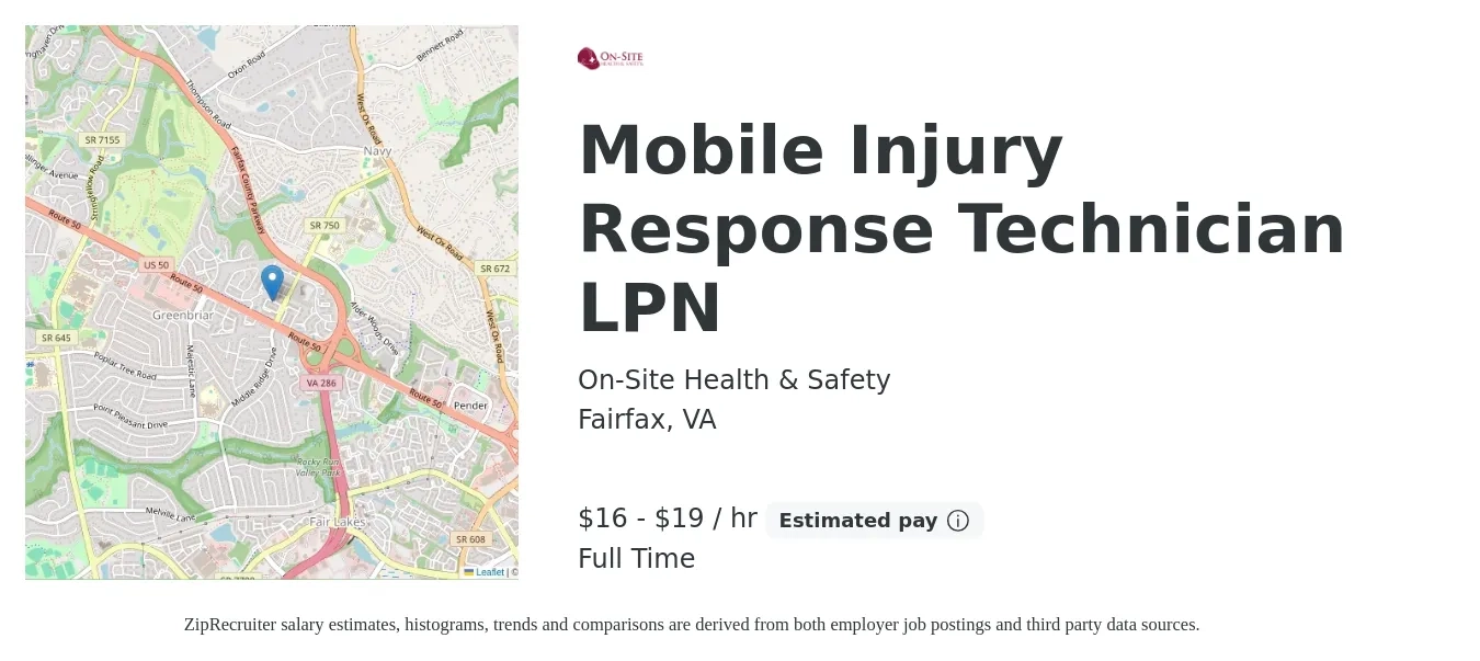 On-Site Health & Safety job posting for a Mobile Injury Response Technician LPN in Fairfax, VA with a salary of $17 to $20 Hourly with a map of Fairfax location.