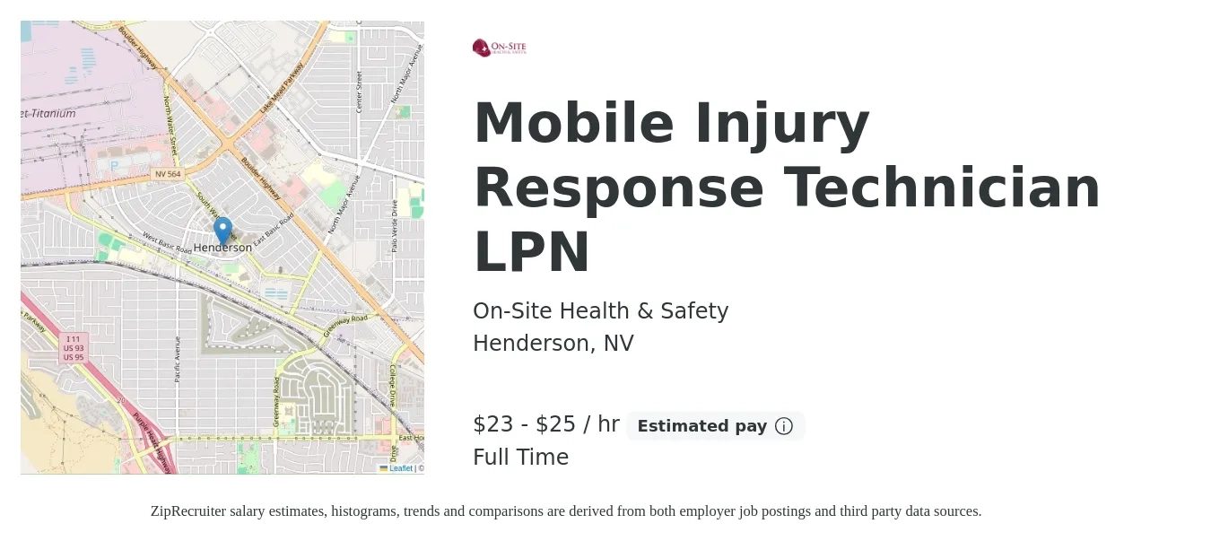 On-Site Health & Safety job posting for a Mobile Injury Response Technician LPN in Henderson, NV with a salary of $24 to $26 Hourly with a map of Henderson location.