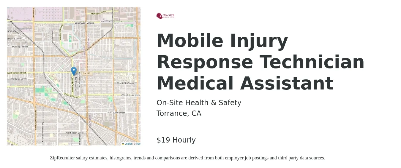 On-Site Health & Safety job posting for a Mobile Injury Response Technician Medical Assistant in Torrance, CA with a salary of $20 Hourly with a map of Torrance location.